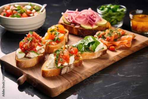 variety of bruschetta with pickled vegetables on granite counter