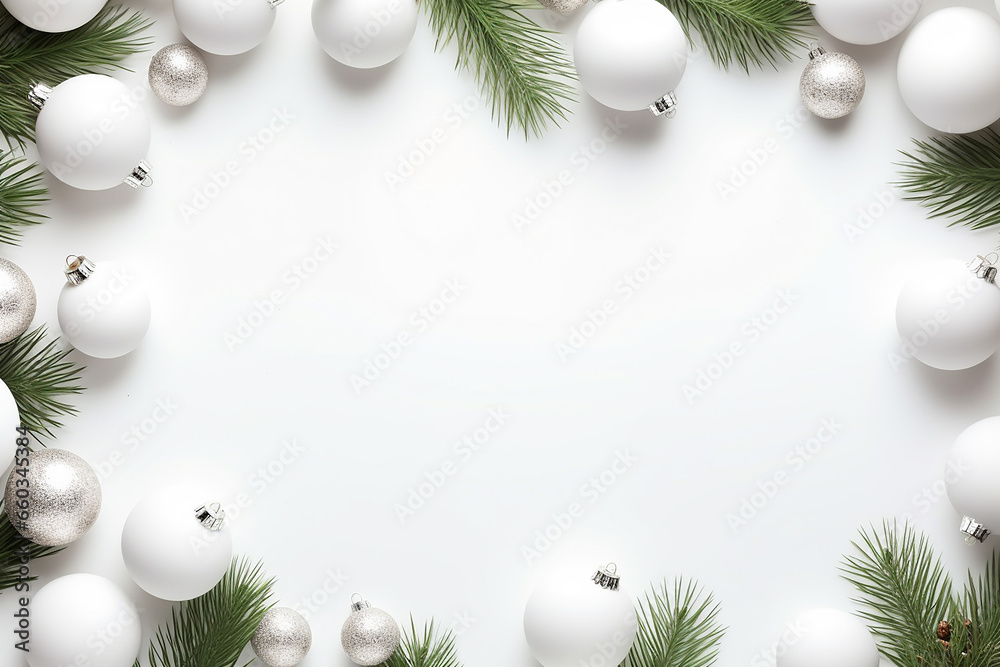 Christmas Flat Lay with Baubles and Evergreen Branches on a White Color Background. Copy Space Christmas Flat Lay with Baubles and Evergreen Branches on a White Color Background. Copy Space