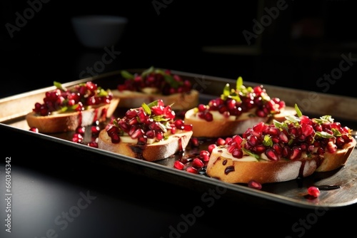 pomegranate bruschetta on top a tin tray with shadows on it