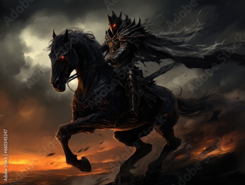 Black horseman of the apocalypse with sword riding black horse AI