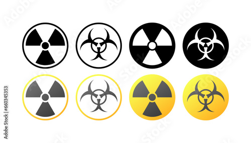 Radiation signs icons. Different styles, yellow, radiation sign, radiation icons. Vector icons