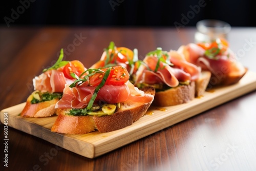 four prosciutto bruschetta pieces served on corner of a large wooden board