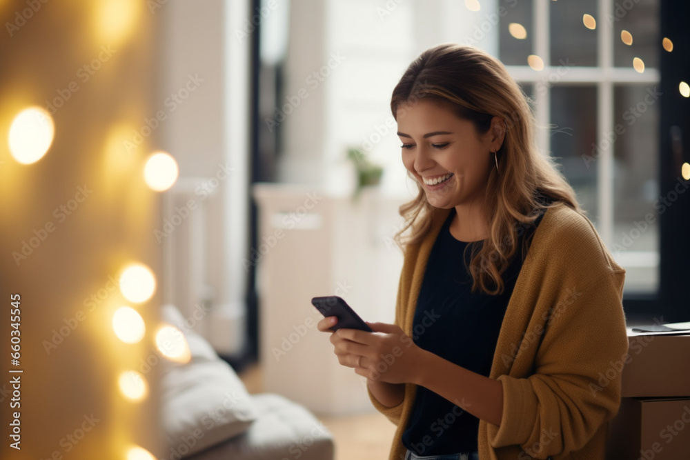 Beautiful Cheerful Woman Texting while Moving in to a New Apartment Beautiful Cheerful Woman Texting while Moving in to a New Apartment
