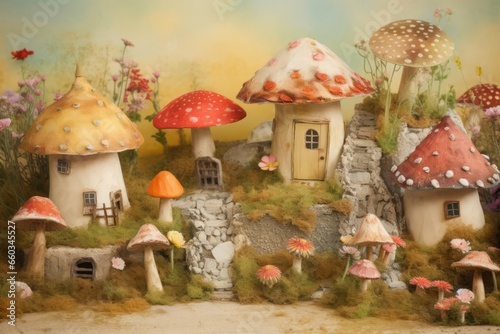 Fairy mushroom houses fiction. Space woods flowers with tree leaf. Generate Ai