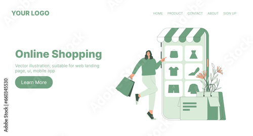 Online Shopping. Web Landing Page Design. Flat Cartoon Vector Illustration.