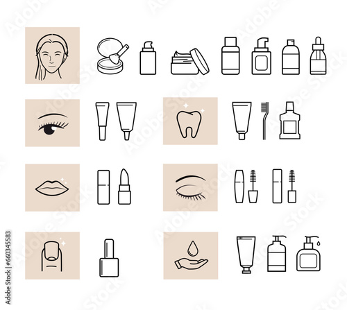 Set of icons for cosmetic design. Vector illustration isolated on white background. Ready for your design. EPS10.