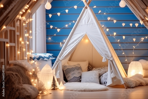 Modern cozy childrens room with wigwam blue  beige colors and wooden texture. 