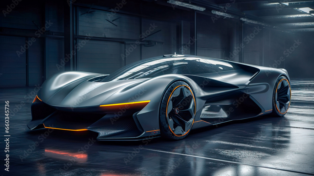 The prototype model of a futuristic car. Concept Car. AI-generated image