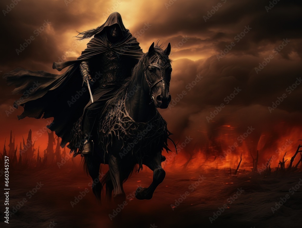 Black horseman of the apocalypse with sword riding black horse AI Stock ...