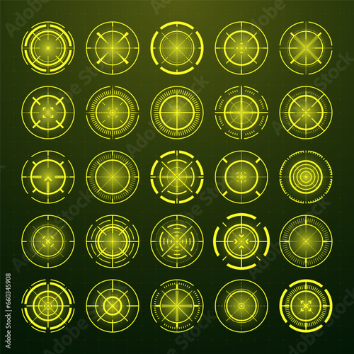 Crosshair, gun sight vector icons. Bullseye, black target or aim symbol. Military rifle scope, shooting mark sign. Targeting, aiming for a shot. Archery, hunting and sports shooting. Game UI element.