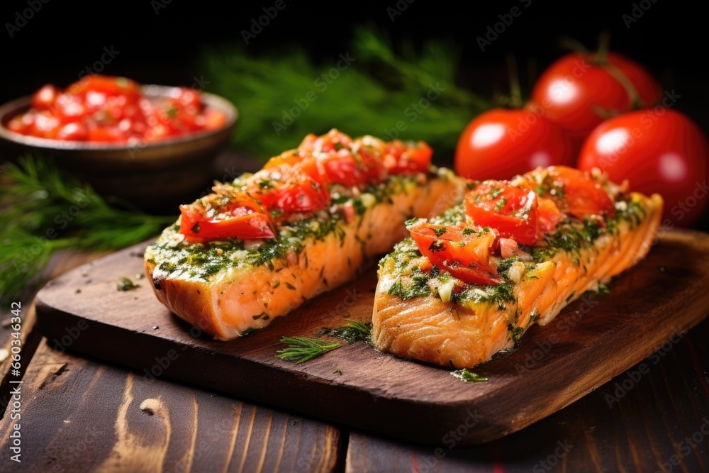 salmon bruschetta garnished with dill on a rustic table salmon bruschetta garnished with dill on a rustic table