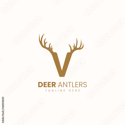 Letter V with Deer Antlers Logo Vector Image. Hunting Logo Inspirations