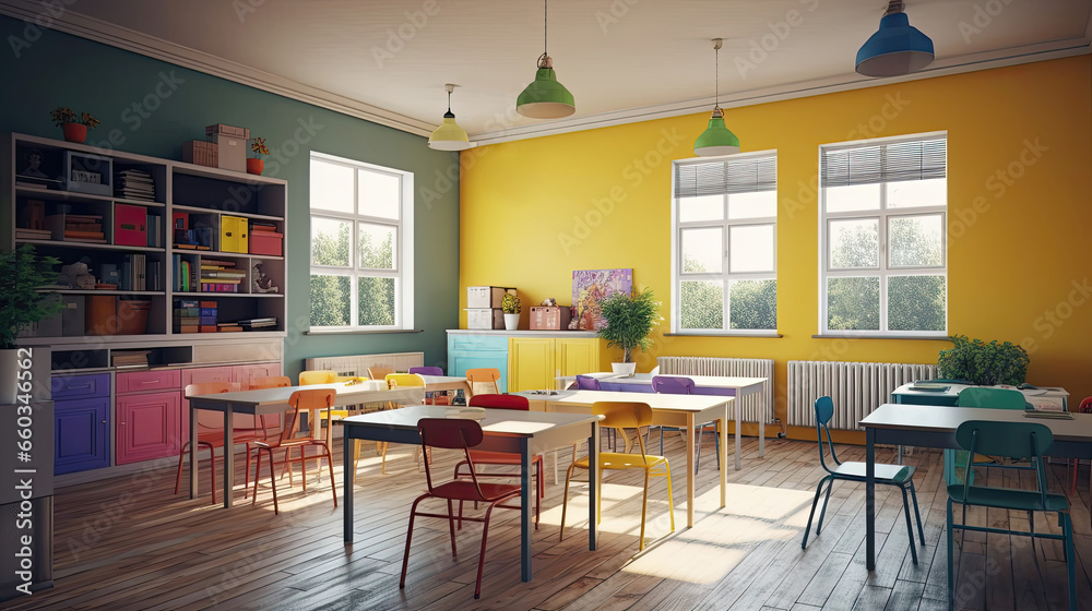 Bright classroom with minimalistic furniture
