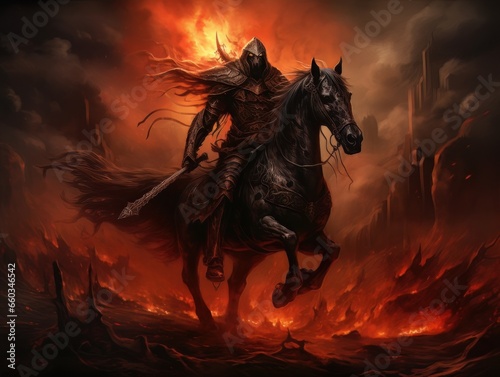 Black horseman of the apocalypse with sword riding black horse AI