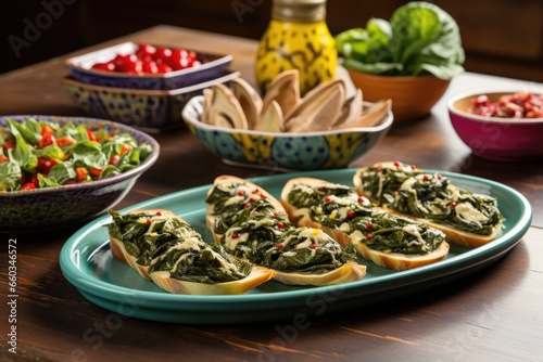 a tabletop with colorful ceramic plates of spinach and artichoke bruschetta