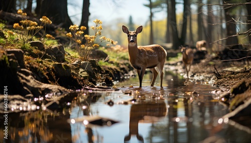 deer in the forest. Deers in the forest. Deer in a green forest with a lake. Deer in a lake. Spring time forest with wildlife in it. Deers. Wildlife in the woods