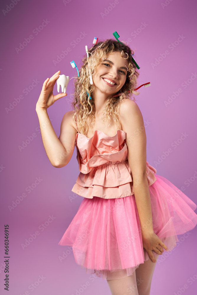 attractive blonde woman with toothbrushes in hair posing and looking at camera, tooth fairy concept attractive blonde woman with toothbrushes in hair posing and looking at camera, tooth fairy concept