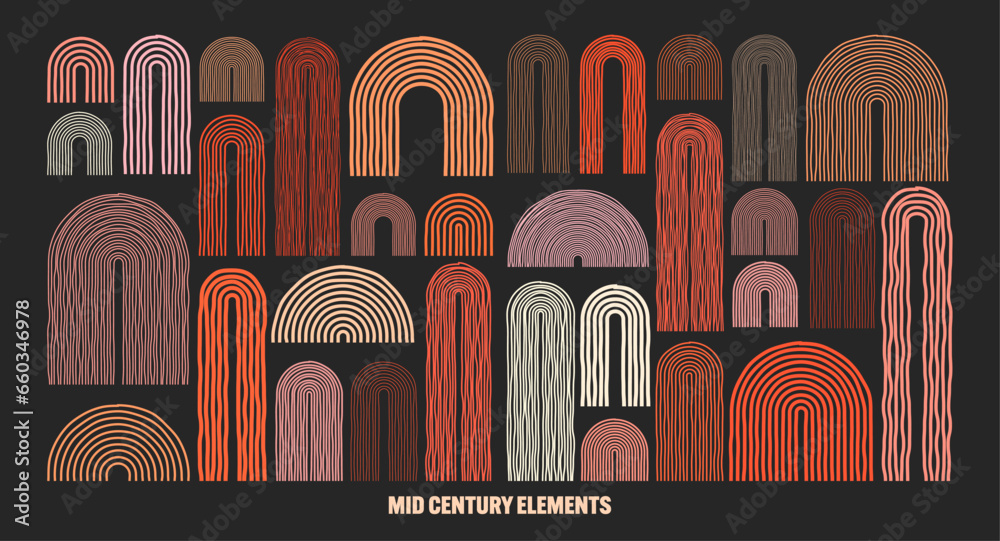 Mid century arch elements, modern geometric shapes. Contemporary design, minimalist art. Hand drawn lines. Trendy design elements for wall decor, posters, books and covers. Vector illustration Mid century arch elements, modern geometric shapes. Contemporary design, minimalist art. Hand drawn lines. Trendy design elements for wall decor, posters, books and covers. Vector illustration