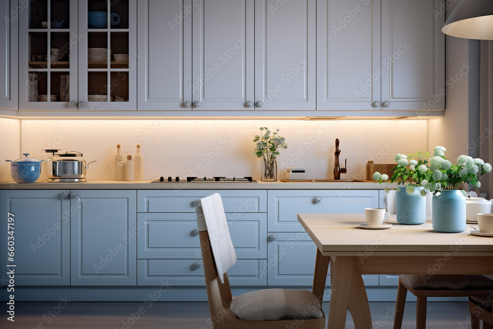 Fototapeta premium Modern cozy kitchen interior design with blue, beige colors and wooden texture