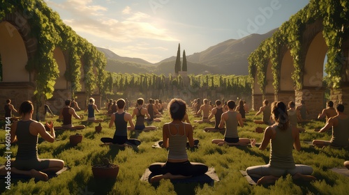 A yoga class in a picturesque vineyard ultra realistic illustration - Generative AI. photo