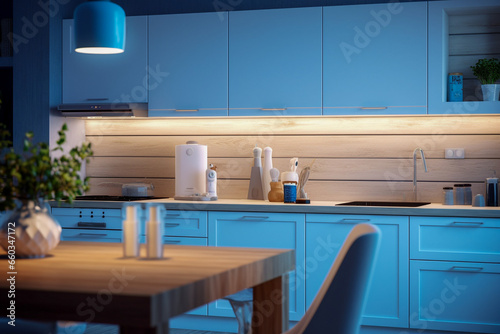 Modern cozy kitchen interior design with blue, beige colors and wooden texture © Anna