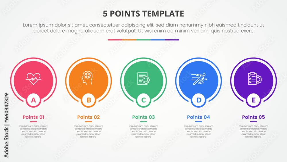 5 points stage template infographic concept for slide presentation with big circle outline on horizontal line with 5 point list with flat style