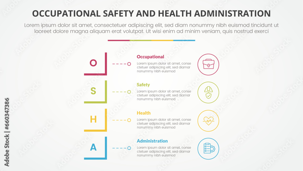 osha The Occupational Safety and Health Administration template infographic concept for slide presentation with modified square shape vertical stack 4 point list with flat style