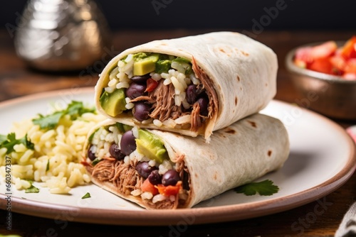 burrito cut open with filling spilling over onto the plate