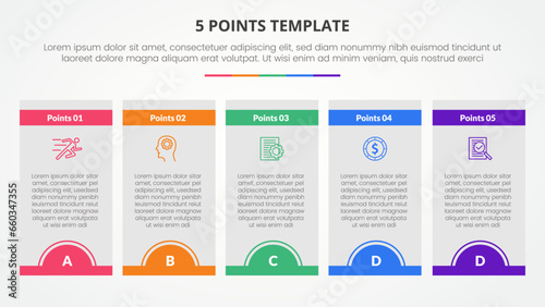 5 points stage template infographic concept for slide presentation with box table half circle badge header with 5 point list with flat style