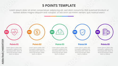 5 points stage template infographic concept for slide presentation with big outline circle horizontal with 5 point list with flat style