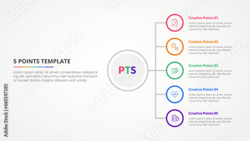 5 points stage template infographic concept for slide presentation with vertical stack list on circle outline with 5 point list with flat style