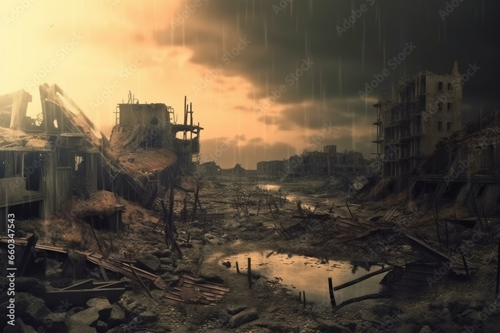 Illustration of a devastated city after an apocalypse. Generative AI