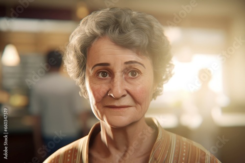 Grandma housewife at kitchen. Home portrait with sad aged woman. Generate Ai