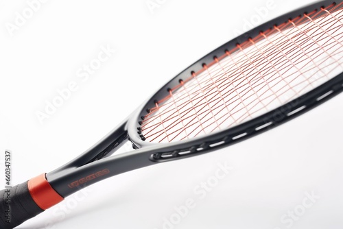 Closeup of tennis racket striking tennis ball on white background. Generative AI © Oliver