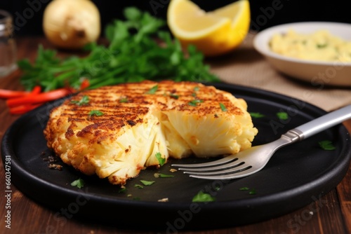 juicy cauliflower steak with knife and fork