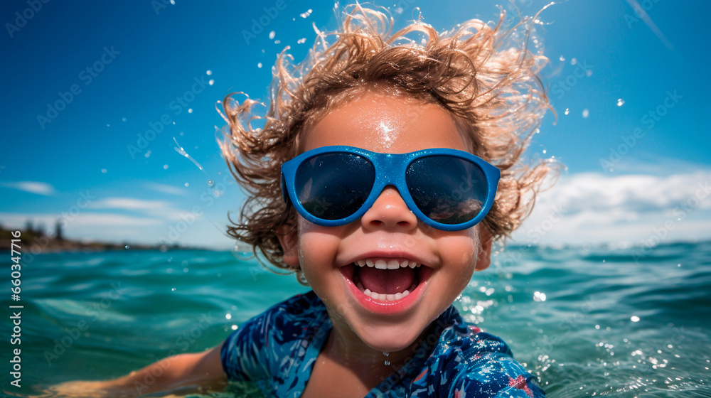 A child in sunglasses swims in the sea. Generative AI.