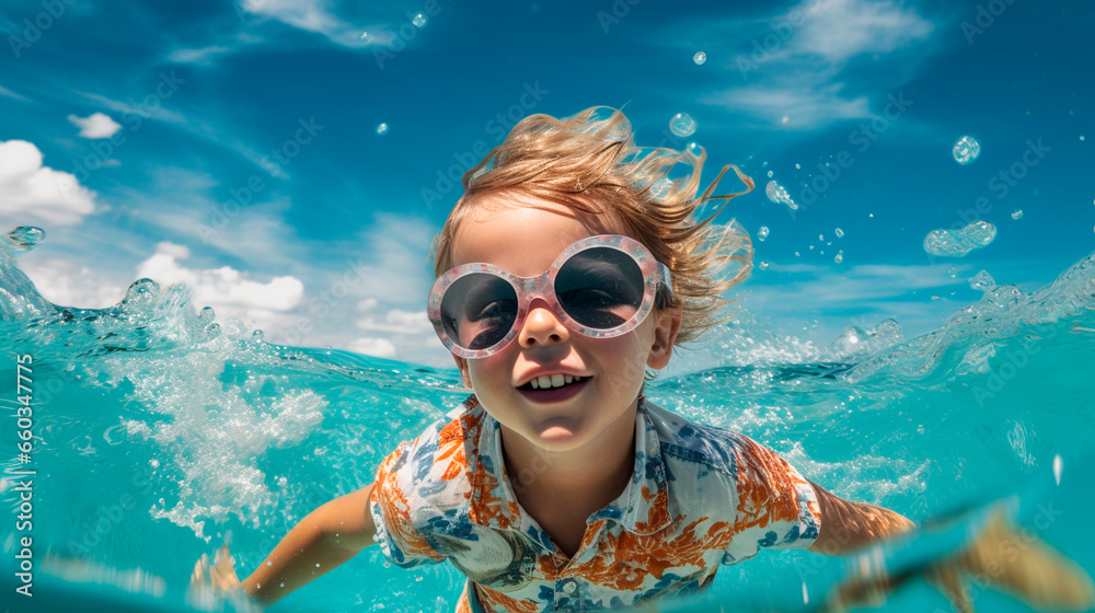 Fototapeta premium A child in sunglasses swims in the sea. Generative AI.