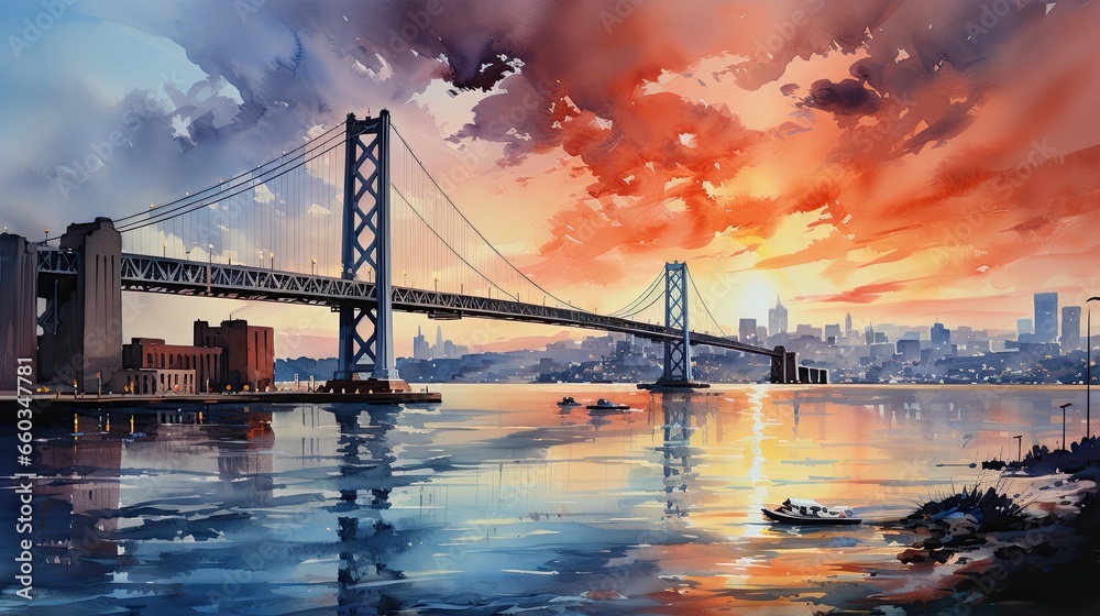 Beautiful watercolors of San Francisco Bay. - obrazy, fototapety, plakaty 