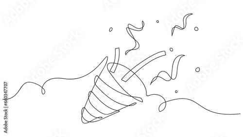 Continuous line party popper. Celebrate elements. Vector