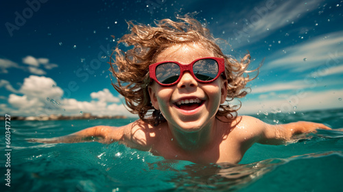 A child in sunglasses swims in the sea. Generative AI. © Яна Ерік Татевосян