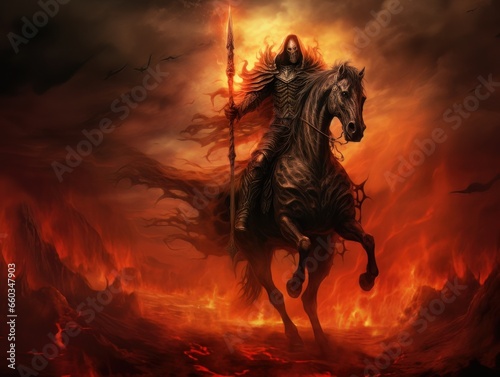 Black horseman of the apocalypse with sword riding black horse AI