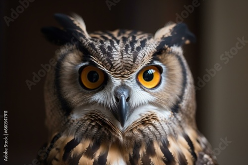 Intelligent owl staring directly at the camera. Generative AI © Kalila