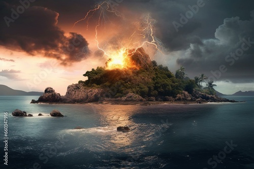 Stunning island amidst ocean with thunderbolts and fire. Generative AI