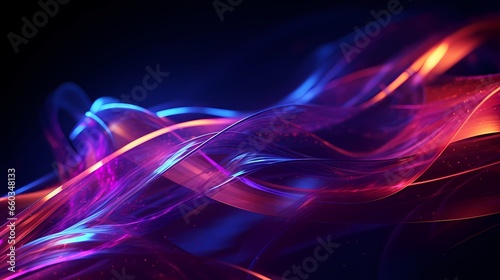 Abstract, illustration of glowing neon wires in a dark setting, emphasizing technology, futurism, and dynamic light patterns, suitable for tech and futuristic themes (Generative AI).