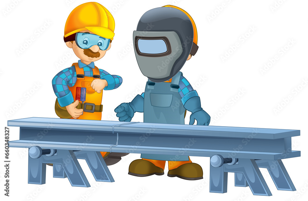 cartoon construction worker in some additional safety cover standing in front of steel beam isolated illustration for children cartoon construction worker in some additional safety cover standing in front of steel beam isolated illustration for children