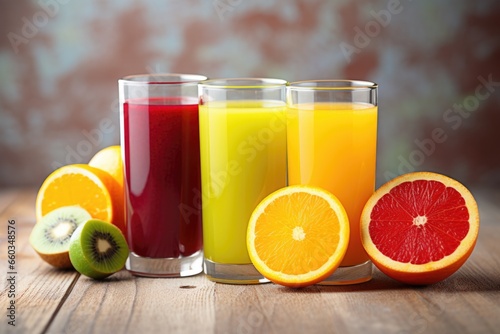 a bright shot of cold pressed citrus juice with fruit halves