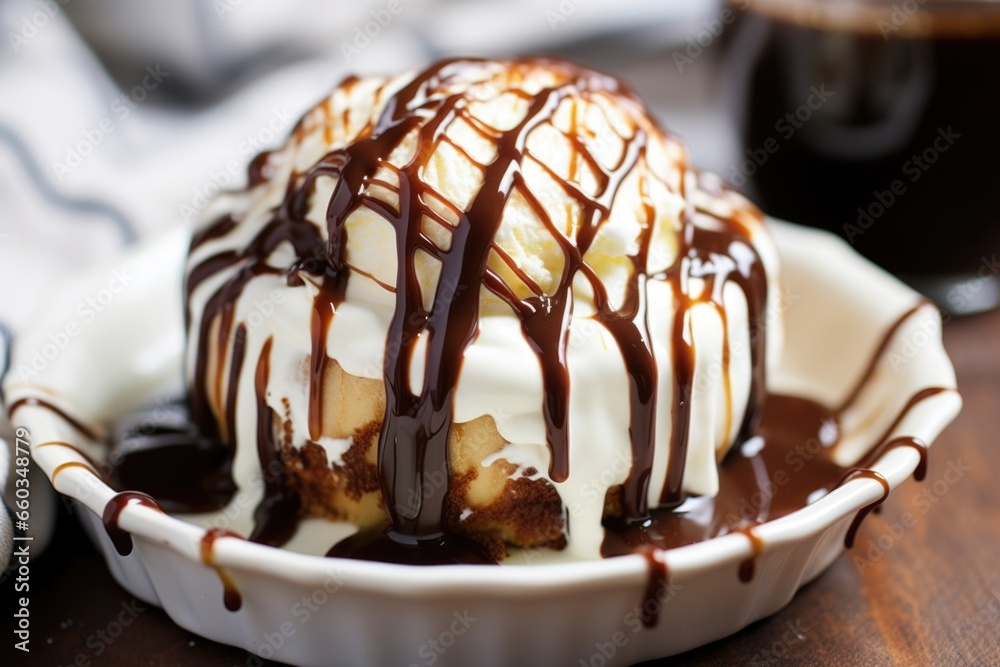 close up of a bowl of vanilla ice cream with chocolate syrup close up of a bowl of vanilla ice cream with chocolate syrup
