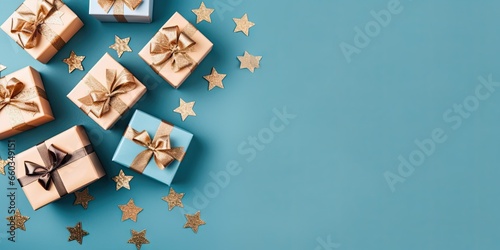 Festive celebration. Gift box and glittering decorations. Holiday happiness. Merry christmas and new year decor. Blue and gold elegance. Decoration background photo