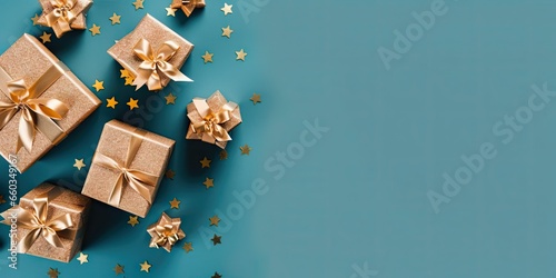 Festive celebration. Gift box and glittering decorations. Holiday happiness. Merry christmas and new year decor. Blue and gold elegance. Decoration background
