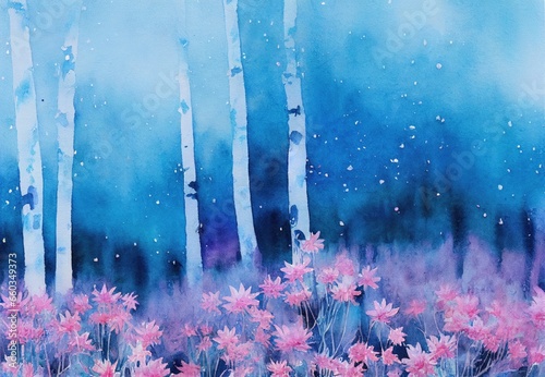 Enchanting misty twilight blue forest glade with captivating pretty pink flowers in bloom, beauty of nature in spring season, charming watercolor like art. © SoulMyst